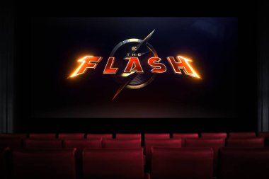 Sinemadaki Flash filmi. Sinemada film izliyordum. Astana, Kazakistan - 15 Mayıs 2023.