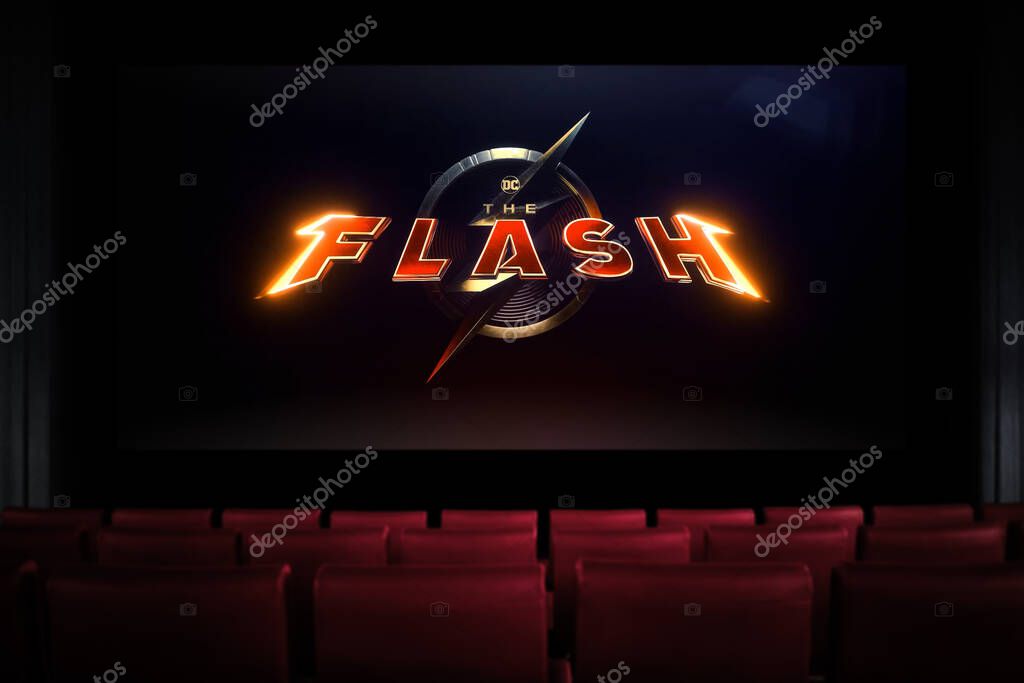 The Flash movie in the cinema. Watching a movie in the cinema. Astana, Kazakhstan - May 15, 2023.