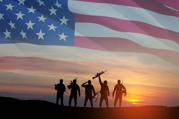 Silhouettes Soldiers Background Sunset Sunrise Usa Flag Greeting Card Veterans — Stock Photo, Image