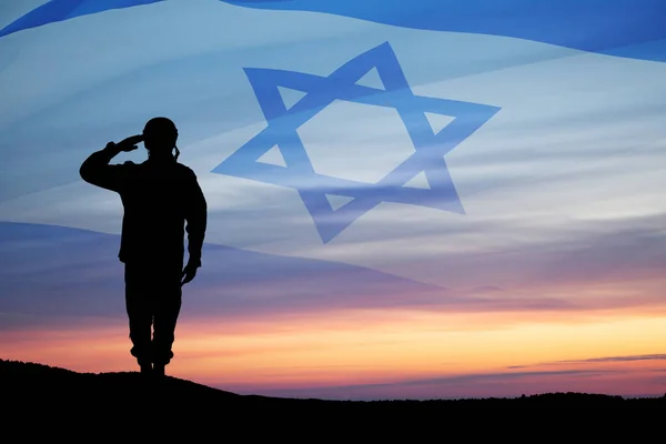 Silhouette Soldier Saluting Sunrise Desert Israel Flag Concept Armed Forces — Fotografia de Stock