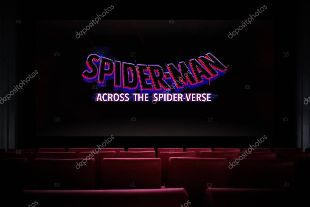 Spider-Man Across the Spider-Verse movie in the cinema. Watching a movie in the cinema. Astana, Kazakhstan - May 15, 2023.