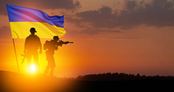 Flag Ukraine Silhouette Soldiers Sunrise Sunset Concept Armed Forces Ukraine — Stock Fotó