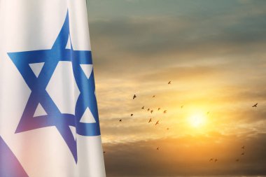 Israel flag with a star of David over cloudy sky background with flying birds on sunset. Patriotic concept about Israel with national state symbols. Banner with place for text. clipart