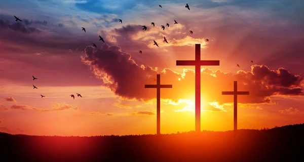 Christian Cross Hill Outdoors Sunrise Resurrection Jesus Concept Photo — Zdjęcie stockowe