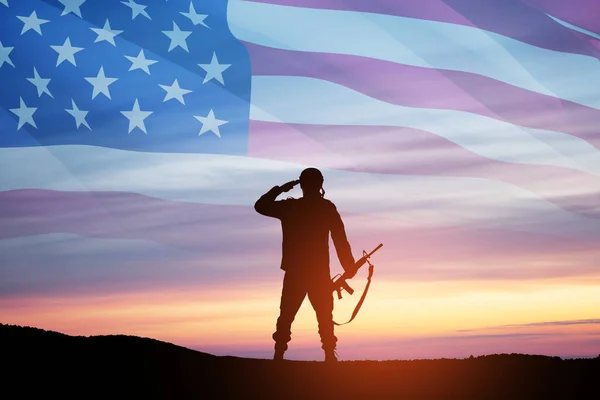 Silhouette Soldier Saluting Background Sunset Sunrise Usa Flag Greeting Card — Stock Photo, Image