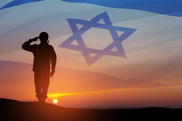 Silhouette Soldier Saluting Sunrise Desert Israel Flag Concept Armed Forces — Photo
