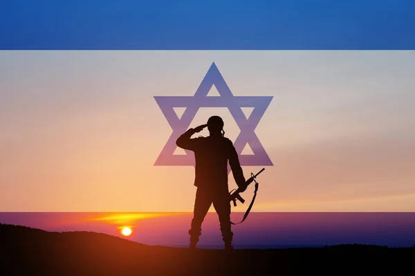 Silhouette Soldier Saluting Sunrise Desert Israel Flag Concept Armed Forces — Foto de Stock