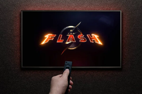 Screen Playing Flash Trailer Movie Man Turns Remote Control Astana — Stock Photo, Image