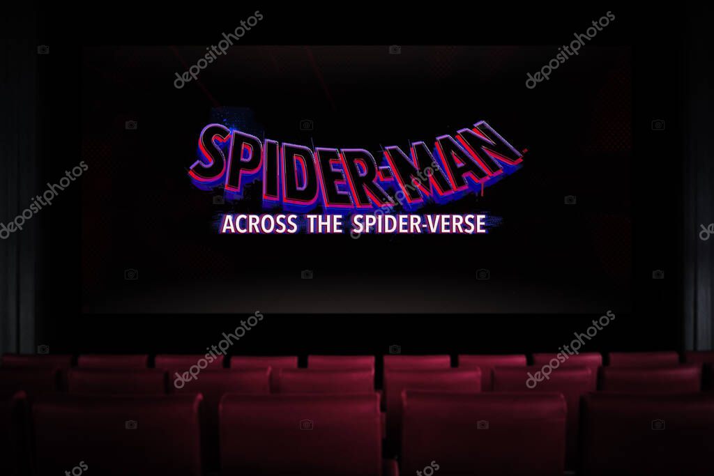Spider-Man Across the Spider-Verse movie in the cinema. Watching a movie in the cinema. Astana, Kazakhstan - May 15, 2023.