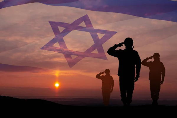 Silhouette Soldats Saluant Contre Lever Soleil Dans Désert Drapeau Israël — Photo