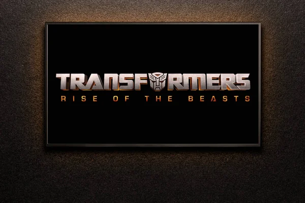 Scherm Spelen Transformers Rise Beasts Trailer Film Zwarte Textuur Muur — Stockfoto