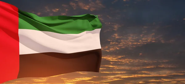 Флаг Объединенных Арабских Эмиратов Фоне Закатного Неба Празднование Оаэ Национальный — стоковое фото