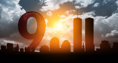 Günbatımında New York silueti ve İkiz Kuleler. 9.11 randevu konsepti. 09.11.2001 Amerikan Vatanseverlik Günü afişi.