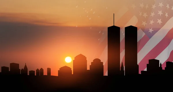 New York skyline silhouette with Twin Towers and USA flag and birds flying up like souls at sunset. 09.11.2001 American Patriot Day banner.