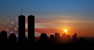 New York skyline silhouette with Twin Towers and USA flag at sunset. 09.11.2001 American Patriot Day banner.