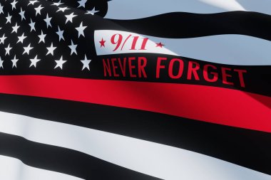 Thin Red Line Firefighter Flag. USA flag. Remembering, memories on fallen firefighters officers on September 11, 2001. Patriot day. Firefighter members honor. 3d image.
