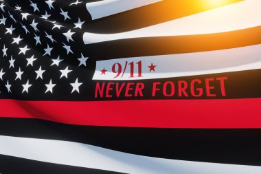 Kırmızı çizgili, ışıklı itfaiyeci bayrağı. Amerikan bayrağı. Hatırlıyorum, 11 Eylül 2001 'de ölen itfaiyecilerle ilgili anılar. Vatanseverlik Günü. İtfaiyecilerin onuru. 3d resim.