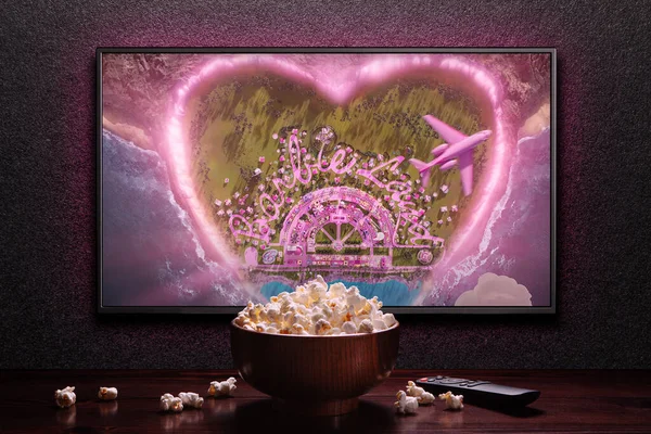 Screen Playing Barbie Trailer Movie Remote Control Popcorn Bowl Astana — Stock Photo, Image