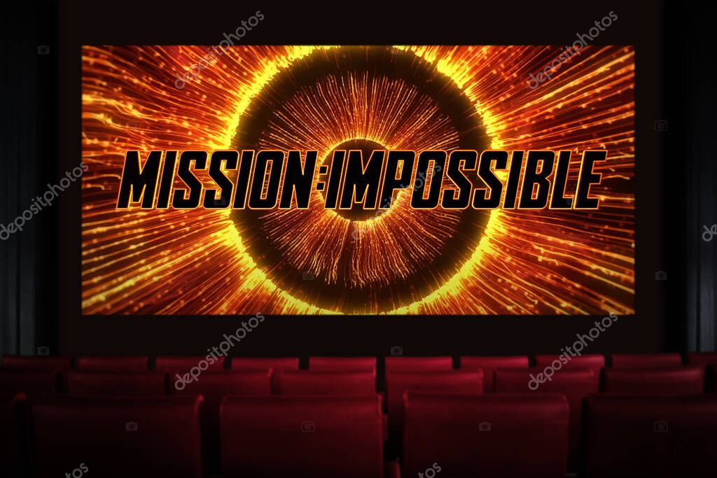 Mission Impossible - Dead Reckoning Part One movie in the cinema. Watching a movie in the cinema. Astana, Kazakhstan - July 2, 2023.