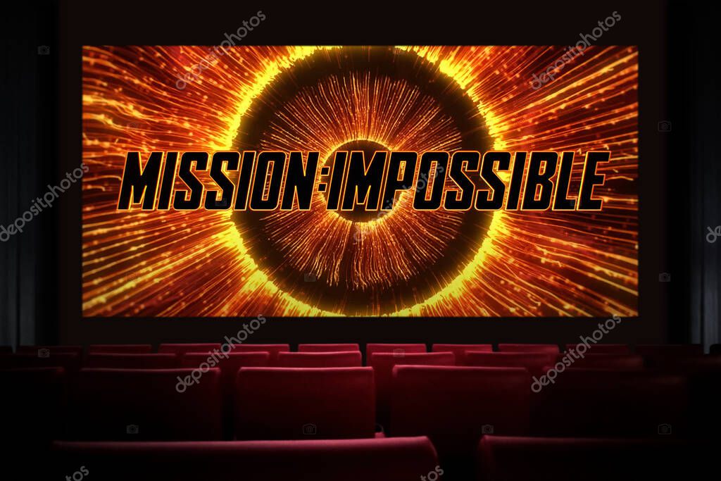 Mission Impossible - Dead Reckoning Part One movie in the cinema. Watching a movie in the cinema. Astana, Kazakhstan - July 2, 2023.