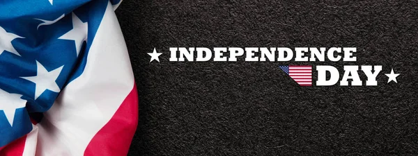 Closeup Bandeira Americana Com Inscrição Dia Independência Fundo Texturizado Balck — Fotografia de Stock