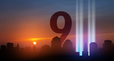 11 Eylül 'de, Manhattan' ın New York şehrinde Sunset 'te New York Skyline' a Aydınlık Sanatlar Kurulumu. 9.11 randevu konsepti. Amerikan Vatanseverlik Günü afişi.