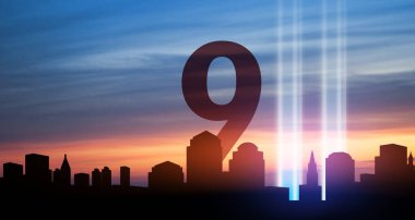 11 Eylül 'de, Manhattan' ın New York şehrinde Sunset 'te New York Skyline' a Aydınlık Sanatlar Kurulumu. 9.11 randevu konsepti. Amerikan Vatanseverlik Günü afişi.