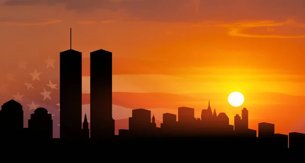 New York Silhouette Skyline Avec Twin Towers Drapeau Des États — Photo