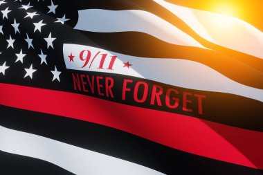 Kırmızı çizgili, ışıklı itfaiyeci bayrağı. Amerikan bayrağı. Hatırlıyorum, 11 Eylül 2001 'de ölen itfaiyecilerle ilgili anılar. Vatanseverlik Günü. İtfaiyecilerin onuru. 3d resim.