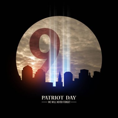 11 Eylül Aydınlık Sanatta Yükleme Aşağı Manhattan 'da New York şehrinde Sunset' te siyah çerçevede Vatanseverlik Günü yazılı. 9.11 randevu konsepti. Amerikan Vatanseverlik Günü.