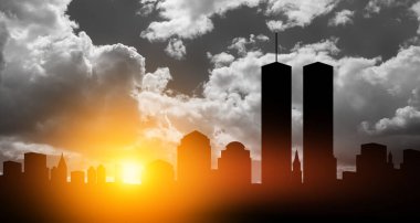 Günbatımında New York silueti ve İkiz Kuleler. 09.11.2001 Amerikan Vatanseverlik Günü afişi.