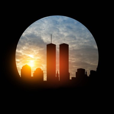 New York silueti, gün batımında siyah çerçeveli İkiz Kuleler. 09.11.2001 Amerikan Vatanseverlik Günü.
