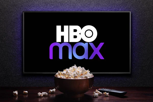 Max Hbo Max Logo Met Popcorn Kom Afstandsbediening Tafel Hbo — Stockfoto