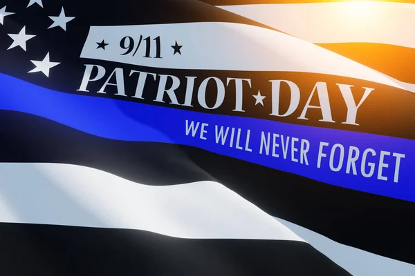 警察のサポートシンボルとアメリカの旗薄い青線とスポット 2001年9月11日の倒れた人々の記憶を思い出してください 愛国者の日 3D画像 — ストック写真