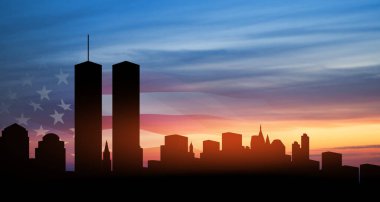 New York skyline silhouette with Twin Towers and USA flag at sunset. 09.11.2001 American Patriot Day banner.