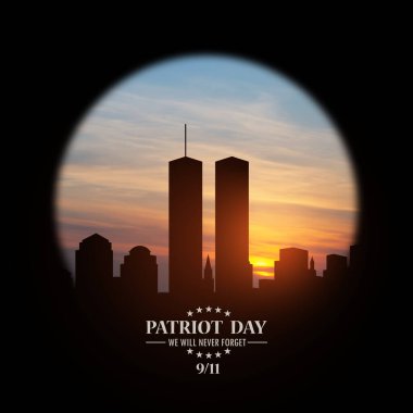 New York skyline silhouette with Twin Towers at sunset in a round black frame with inscription Patriot Day We Will Never Forget. 09.11.2001 American Patriot Day.