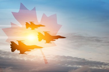 Air Force Day. Aircraft silhouettes on background of sunset with a transparent Canadian flag. Since 2006, the Royal Canadian Air Force has celebrated Air Force Day on 4 June. clipart