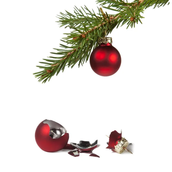 Broken Red Christmas Ball Isolated White Background Fir Branch Red — Zdjęcie stockowe