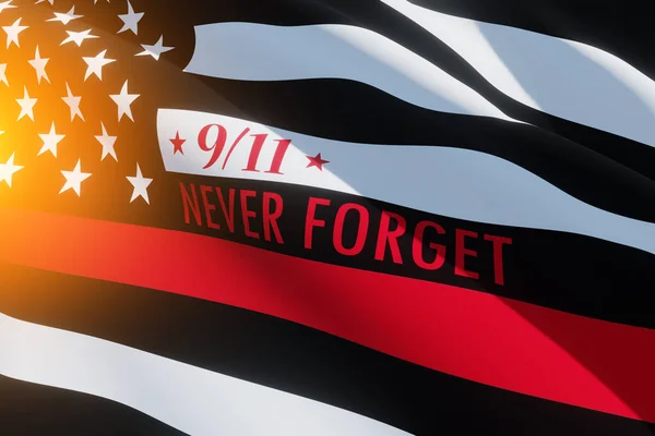 スポットライト付きの細い赤い線の消防旗 アメリカ国旗 2001年9月11日に消防士が倒れたことを思い出してください 愛国者の日 消防士の名誉よ 3D画像 — ストック写真