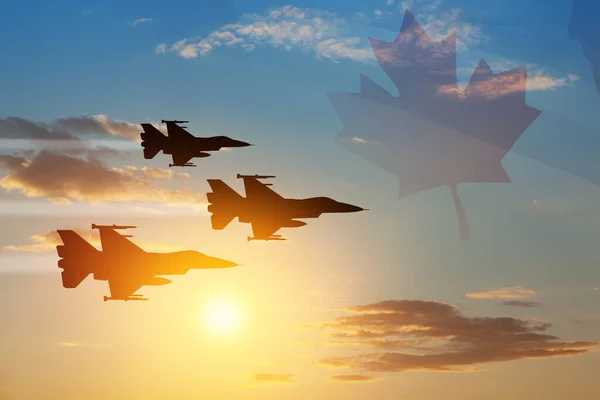 Air Force Day. Aircraft silhouettes on background of sunset with a transparent Canadian flag. Since 2006, the Royal Canadian Air Force has celebrated Air Force Day on 4 June.