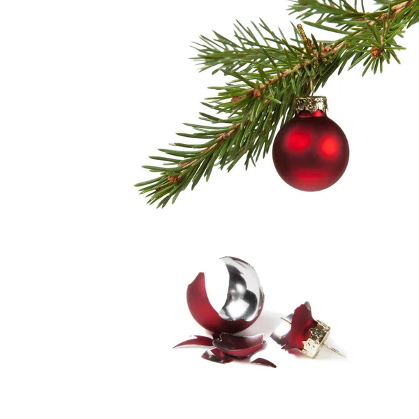 Broken Red Christmas Ball Isolated White Background Fir Branch Red — Stock Photo, Image