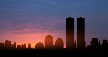 Günbatımında New York silueti ve İkiz Kuleler. 09.11.2001 Amerikan Vatanseverlik Günü afişi.