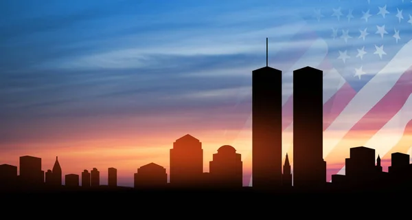 New York Skyline Silhouette Twin Towers Usa Flag Sunset 2001 - Stock-foto