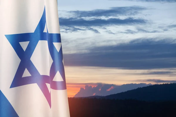 Israel Flag Star David Cloudy Sky Background Sunset Patriotic Concept — Stock fotografie