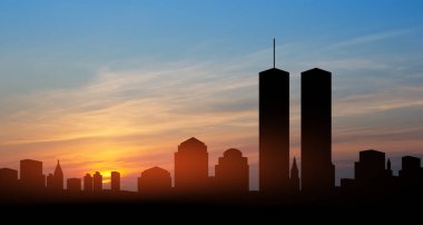 Günbatımında New York silueti ve İkiz Kuleler. 09.11.2001 Amerikan Vatanseverlik Günü afişi.