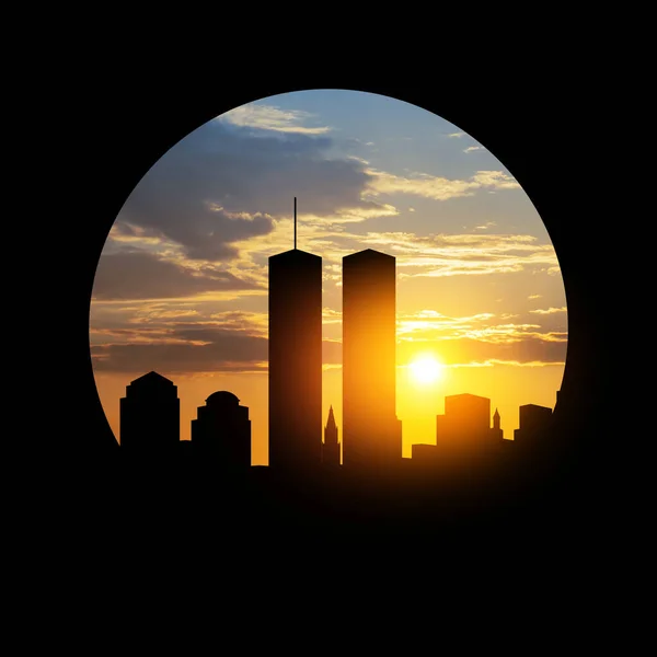 ラウンドブラックフレームで日没時にツインタワーとニューヨークスカイラインのシルエット 2001アメリカ愛国者の日 — ストック写真