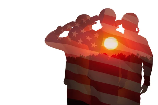 Silhouettes of soldiers with print of sunset and USA flag saluting isolated on white background. Greeting card for Veterans Day, Memorial Day, Independence Day. America celebration.
