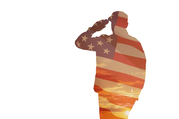 Silueta Vojáka Potiskem Západu Slunce Vlajka Usa Salutující Izolovaně Bílém — Stock fotografie