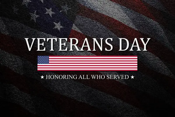 Veterans Day Honoring All Who Served inscription on black textured background with USA flag. American holiday poster. Banner, flyer, sticker, greeting card, postcard.