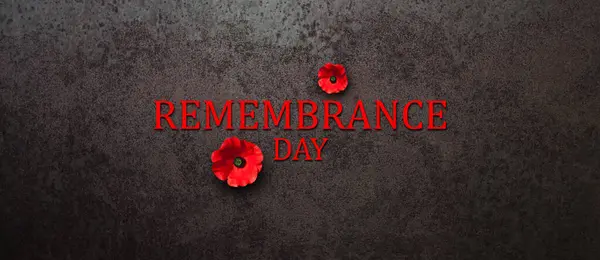 Remembrance Day inscription with Poppy flower on rusty iron background. Decorative flower for Remembrance Day. Memorial Day. Veterans day.